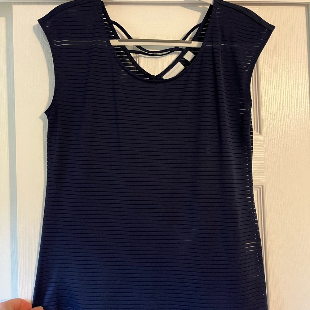New York & Company Navy Sheer Striped Tee with cross back detail.